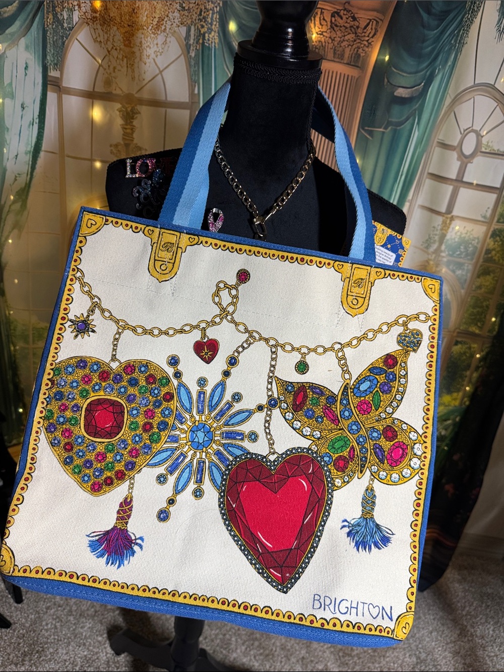 Brighton White Canvas Tote with Blue Trim and Multicolor Jewel Love Motif - Picture 1 of 8